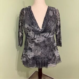 Lucy Fiona Mesh Twist Front Babydoll Y2K Top V-Neck Boho Fairy Women’s Size L